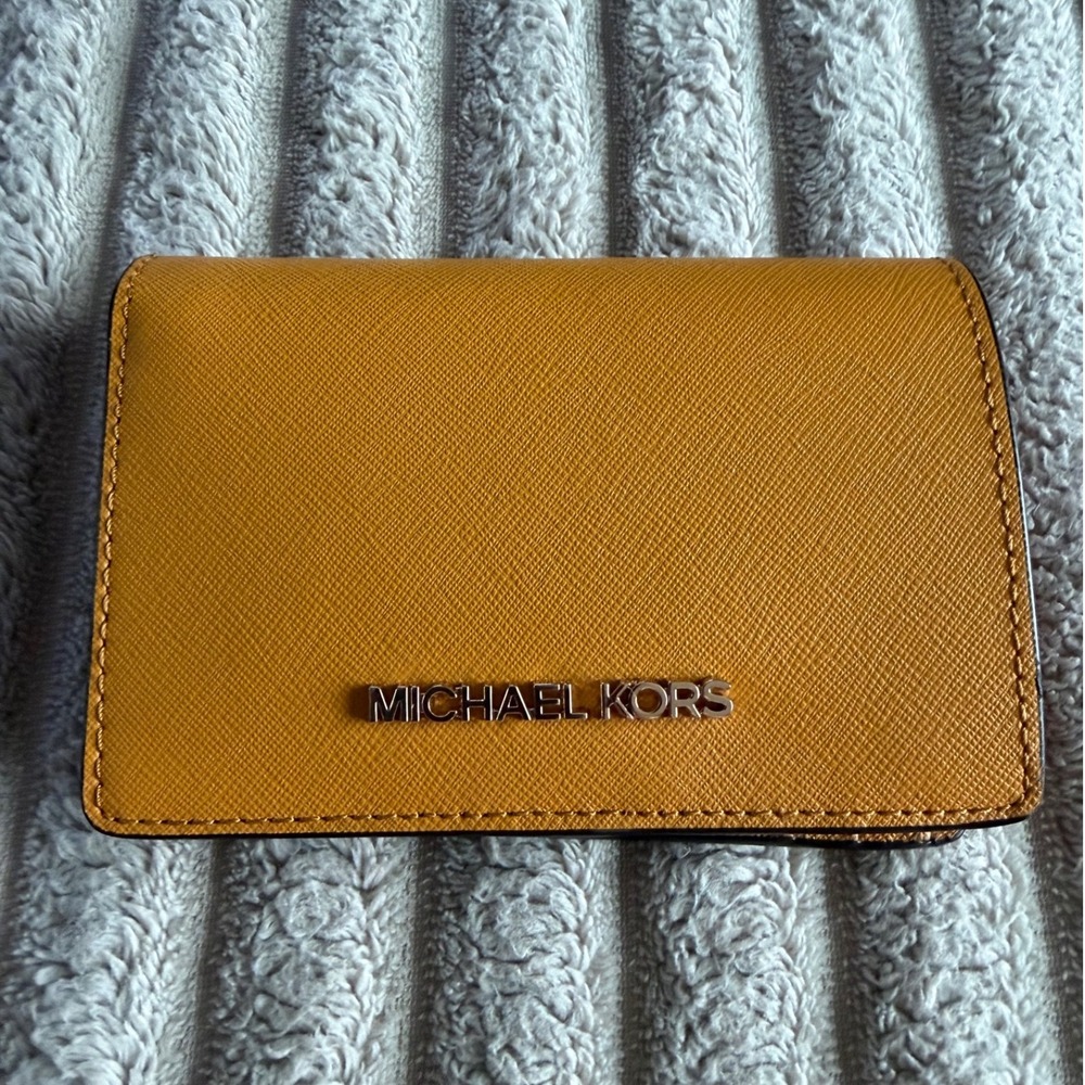 Michael Kors Jet Set Small Bifold Wallet Mustard Yellow Saffiano Leather Silver